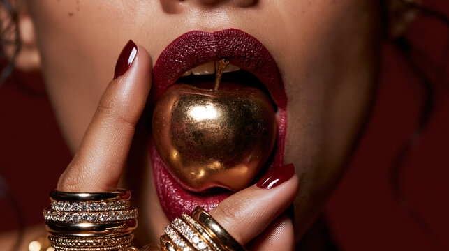 Woman Holding Golden Apple Near Lips