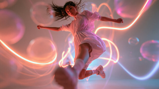 Woman Jumping With Glowing Neon Light Trails