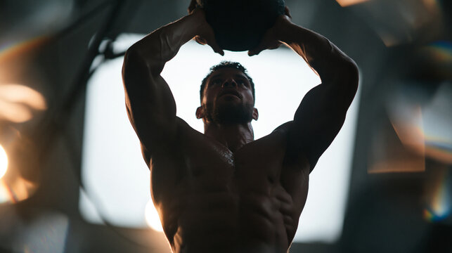 Shirtless Man Stretching Arms Overhead in Dramatic Light