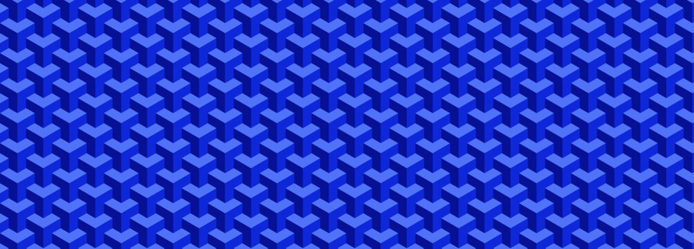 Isometric blue cube pattern background, geometric 3D block texture, abstract repeating square mosaic for corporate web banners and digital wallpaper