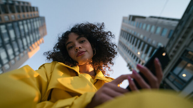 Young Woman in Yellow Jacket Using Smartphone Outdoors