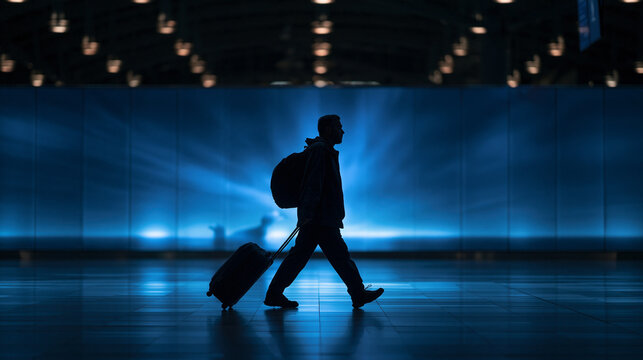 Businessman with Luggage Walking Through Modern Airport Terminal