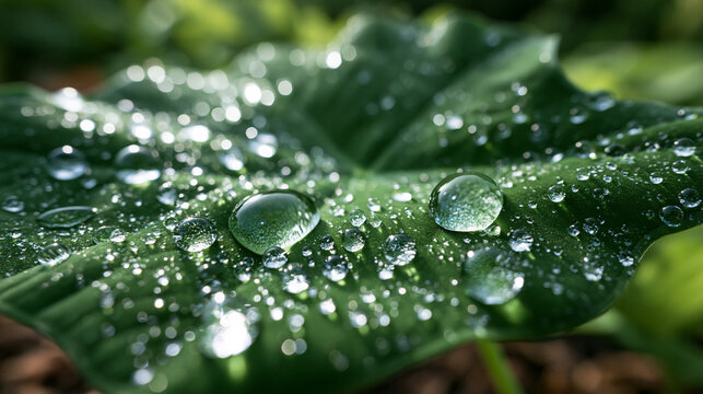 Water Droplets on Green Leaf After Rain