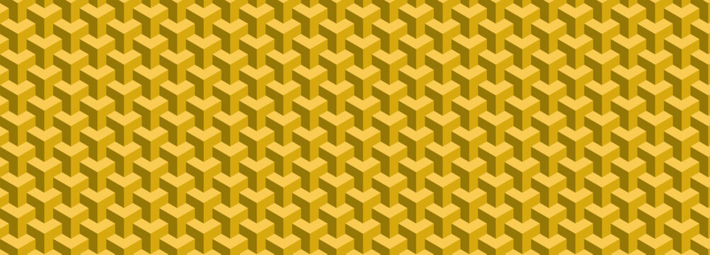 Geometric isometric cube pattern in mustard yellow, seamless 3D block texture background, abstract architectural honeycomb grid illustration