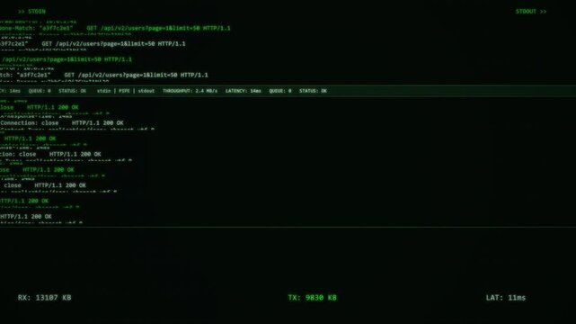 Retro Green CRT Terminal Data Pipeline STDIN STDOUT HTTP Stream Bidirectional Loop Motion Graphic