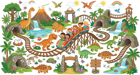 Cute cartoon prehistoric dinosaur theme park map vector illustration with happy kids riding roller coaster near smoking volcano © Sojol
