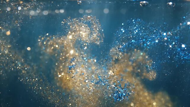 Abstract underwater scene with glittering particles in blue and gold.