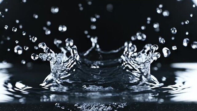 A close-up, low-angle shot captures the crown effect of a water drop's impact.