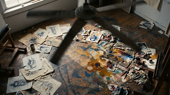 Messy artist studio floor with sketches and paint.