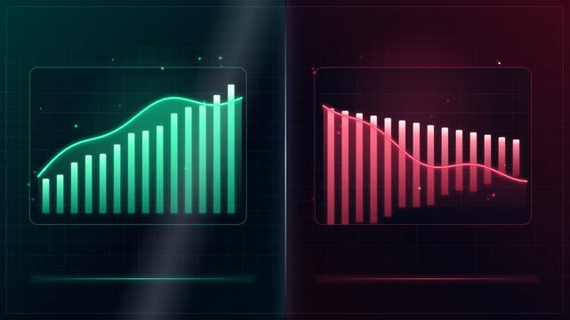 Split screen financial comparison animation with green growth and red decline bar charts