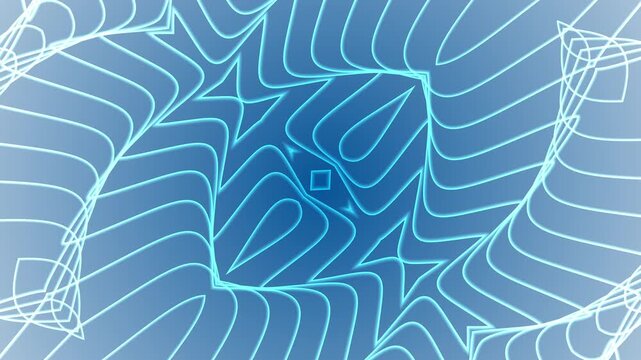 Crisp kaleidoscope animation presenting symmetrical geometric designs in deep blue and cyan shades. Bright sky lines form complex patterns that rotate in smooth continuous loop