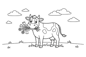 Fototapeta premium Cute cartoon cow grazing flowers on meadow coloring page illustration with coloring, illustration.