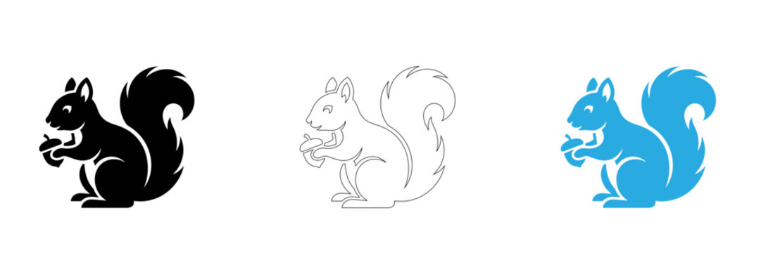Three stylized squirrels in different colors isolated on transparent background, Vector