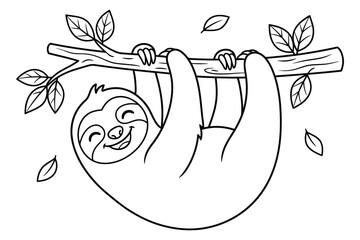 Smiling sloth hanging on tree branch coloring page illustration with coloring illustration children. © Abul