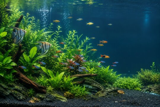 Beautiful Freshwater Planted Aquarium with Tropical Fish and Lush Aquatic Plants