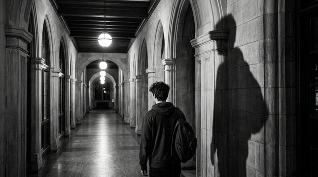 Shadowy Student Walks Down Arcaded Hallway, Back View, Black and White
