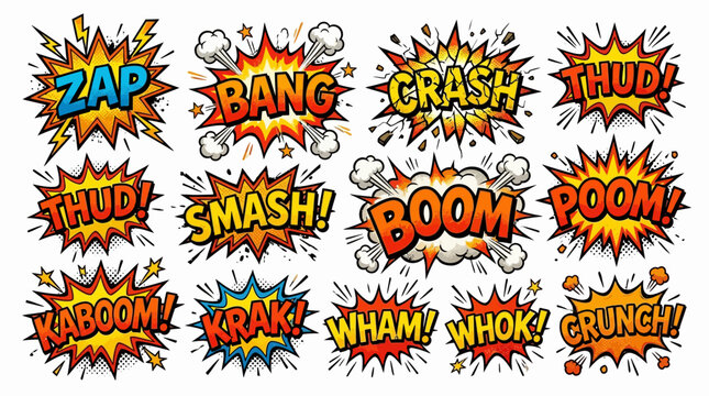 A vibrant collection of comic book style sound effects and exclamations like ZAP, BANG, BOOM, and CRASH, depicted in explosive speech bubbles with dynamic visual elements.