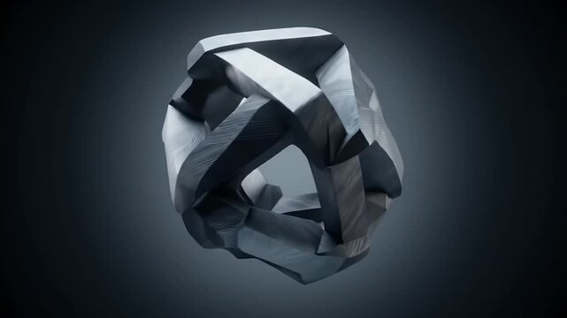 An abstract, metallic sculpture with interlocking geometric shapes is shown against a dark background.