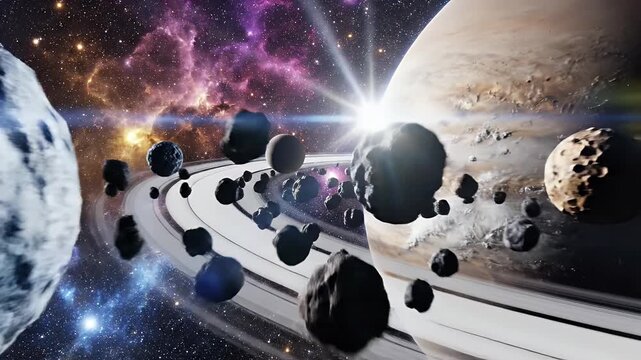 A ringed planet with moons and asteroids in a vibrant nebula.