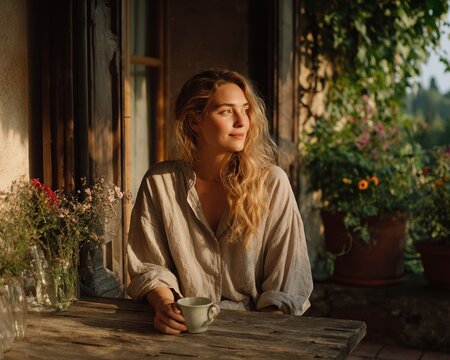 Calm early summer slow living scene with woman enjoying morning coffee on sunny terrace creating peaceful lifestyle atmosphere.