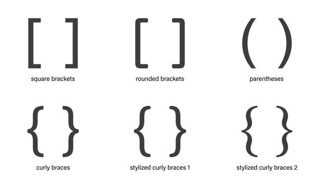 Set of mathematical brackets and punctuation marks displayed in clean black vector style graphic format