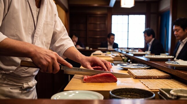 Professional Japanese Chef Slicing Fresh Raw Tuna for Sushi in Authentic Restaurant