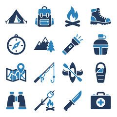 Fototapeta premium Camping gear and outdoor equipment icons.
