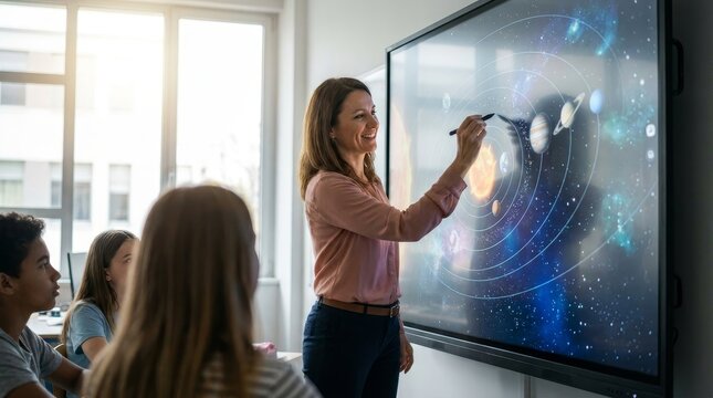 Female Teacher Using Modern Interactive Digital Whiteboard to Teach Astronomy and Solar System to Students in Classroom