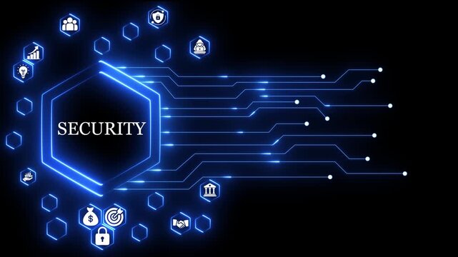 Cybersecurity digital concept with glowing hexagon interface and network circuitry background, digital security