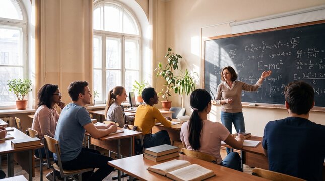 Female Professor Explaining Physics Formulas to Diverse University Students in Classroom