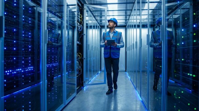 Professional IT Engineer with Digital Tablet Working in Modern Data Center Server Room