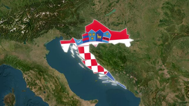 Croatia Map Highlight with Animated Flag Pin on World Satellite Map