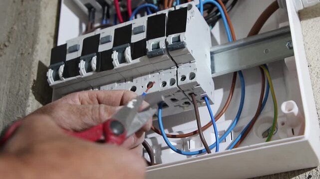 Professional electrician cuts, strips insulation and twists electrical wires before connecting them inside a distribution board.