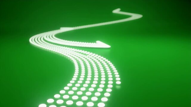A luminous arrow made of light trails curves and points forward.