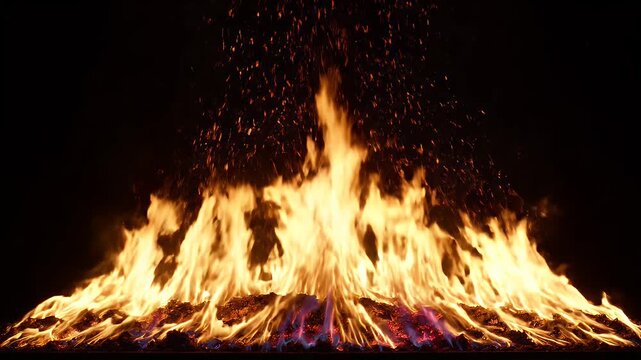 A vibrant and dynamic fire burns intensely against a dark background, with sparks ascending.