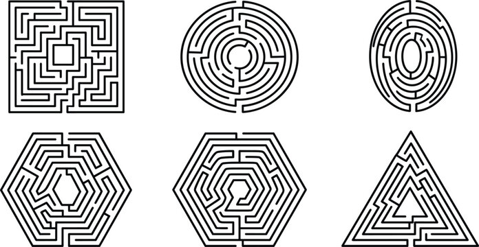 Geometric maze and labyrinth vector set featuring black line puzzles in square circle oval hexagon and triangle shapes isolated on white background