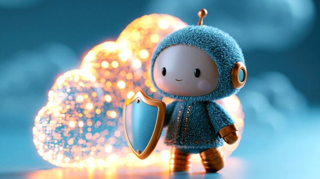 Cute robot with shield standing in front of a glowing cloud in a futuristic blue background, illustrating cybersecurity protection and digital data security.