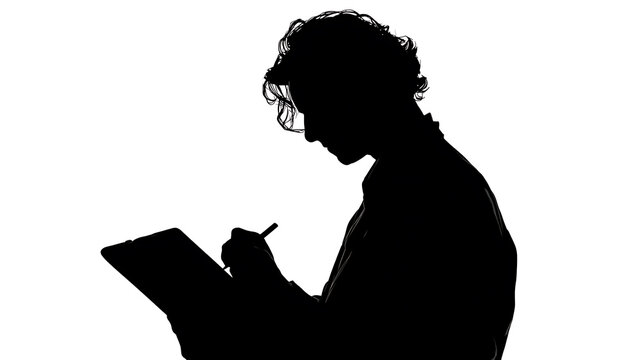 Silhouette of a person writing on a notepad with a pen, focused and contemplative