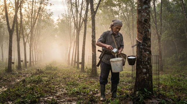 Malaysian rubber tapper collecting natural latex in a tropical plantation