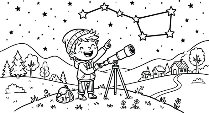 Cute cartoon boy using telescope pointing at Big Dipper constellation starry night sky scenery coloring page vector illustration outline