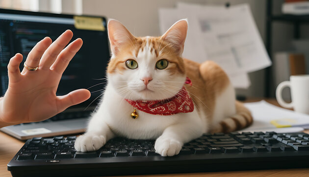 Cat sitting on keyboard while person working from home