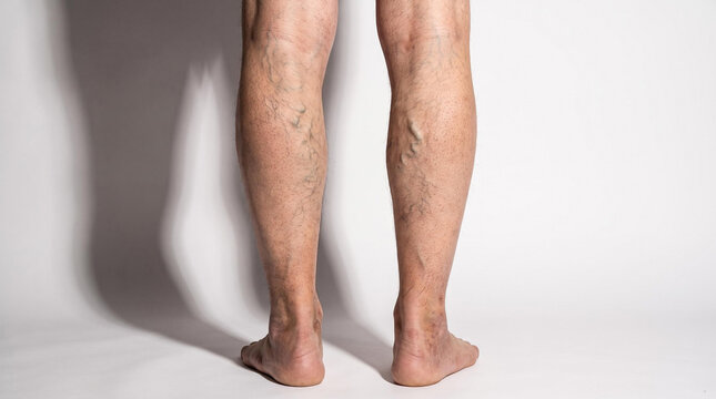 Male legs with visible varicose veins on white background, concept of vascular disease and venous insufficiency