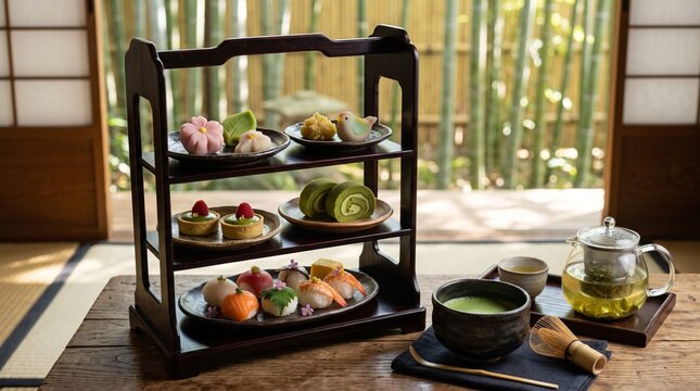 Luxury Japanese afternoon tea set with wagashi and temari sushi on wooden stand near bamboo garden