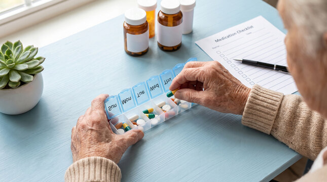 Elderly hands sorting pills in a weekly pill organizer beside prescription bottles and medication checklist