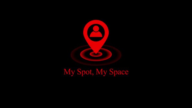 Red location pin animation with my spot my space text on black background, navigation, Black background 4k stock video.  
