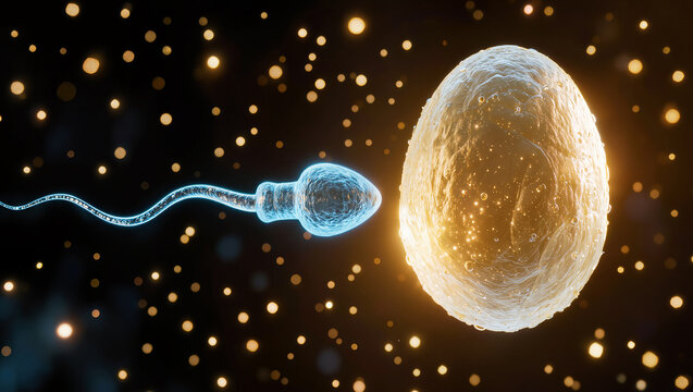 Single sperm cell approaching a glowing golden egg cell amid bokeh particles, concept of fertilization and conception
