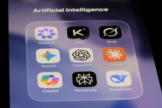 Shanghai,China-July 30th 2026: Artificial intelligence apps on phone screen. ChatGPT, Gemini, Meta AI, Copilot, Perplexity, Claude, Grok, DeepSeek, Kimi.