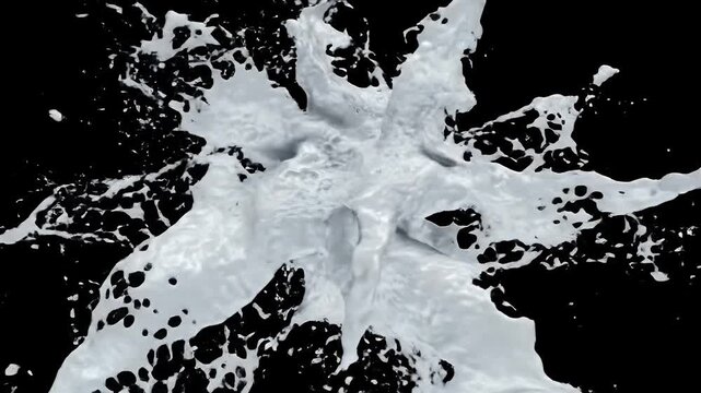 A dynamic splash of white liquid creates an abstract pattern against a black background.