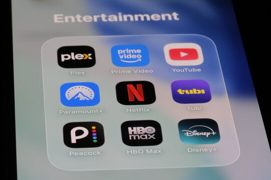 Shanghai,China-July 30th 2026: streaming service application icons on screen. Plex, Prime Video, YouTube, Paramount+, Netflix, Tubi, Peacock, HBO Max, Disney+
