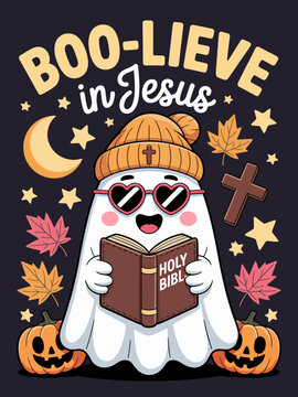 A cute ghost wearing sunglasses and a beanie holds a Bible. Surrounded by stars, leaves, a crescent moon, and pumpkins on a black background.